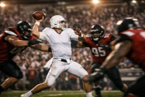 College football championship game action under stadium lights