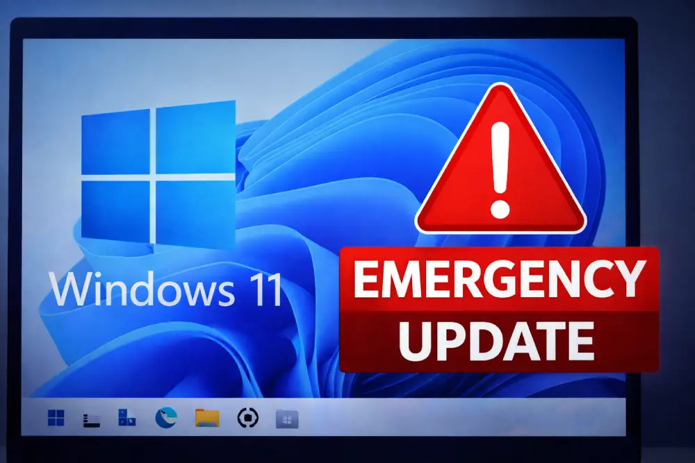 Windows 11 blue swirl wallpaper with white alert box showing Windows 11 Update Issue KB5034441 and red warning triangle