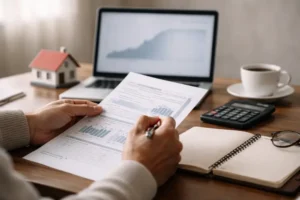 Home buyers reviewing loan documents while checking mortgage rates today 