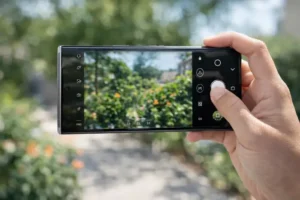 Person holding Samsung Galaxy S26 Ultra outdoors while using the camera in bright daylight