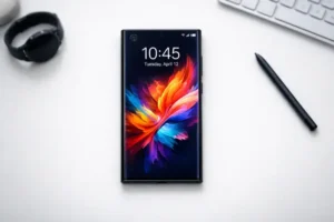 Samsung Galaxy S26 Ultra top-down flat lay with M14 OLED display, S-Pen and smartwatch blurred on desk